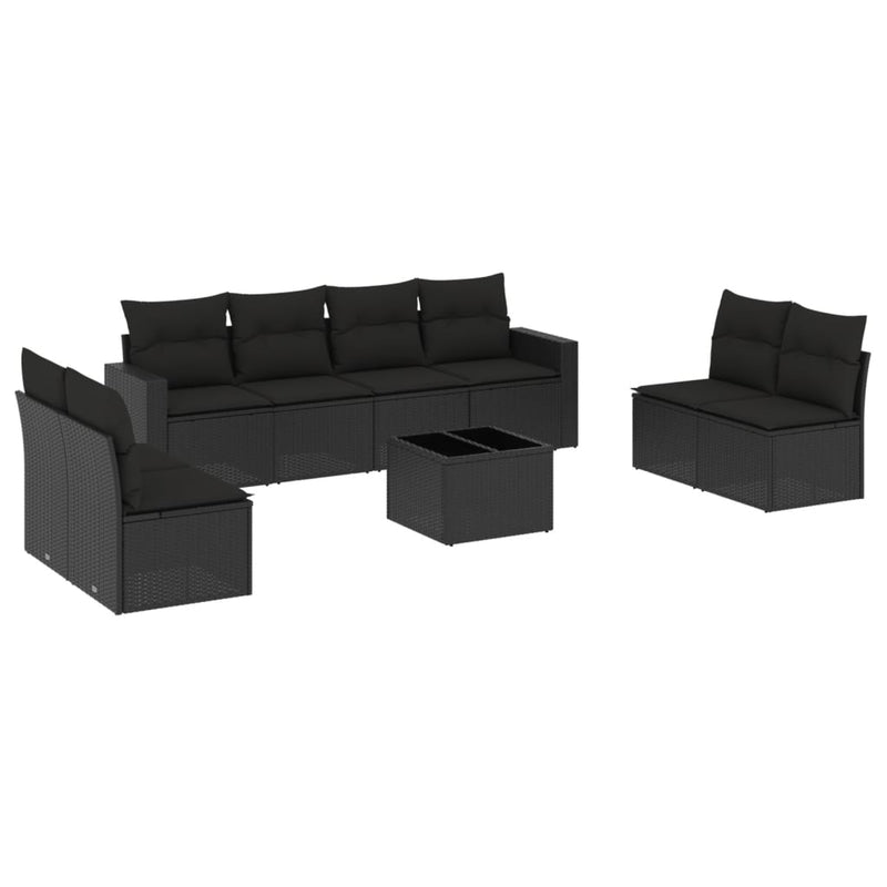 9-delige Loungeset met kussens poly rattan zwart