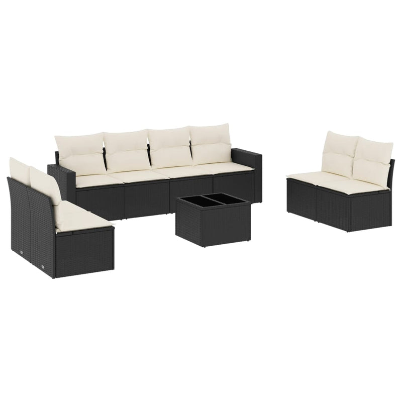 9-delige Loungeset met kussens poly rattan zwart