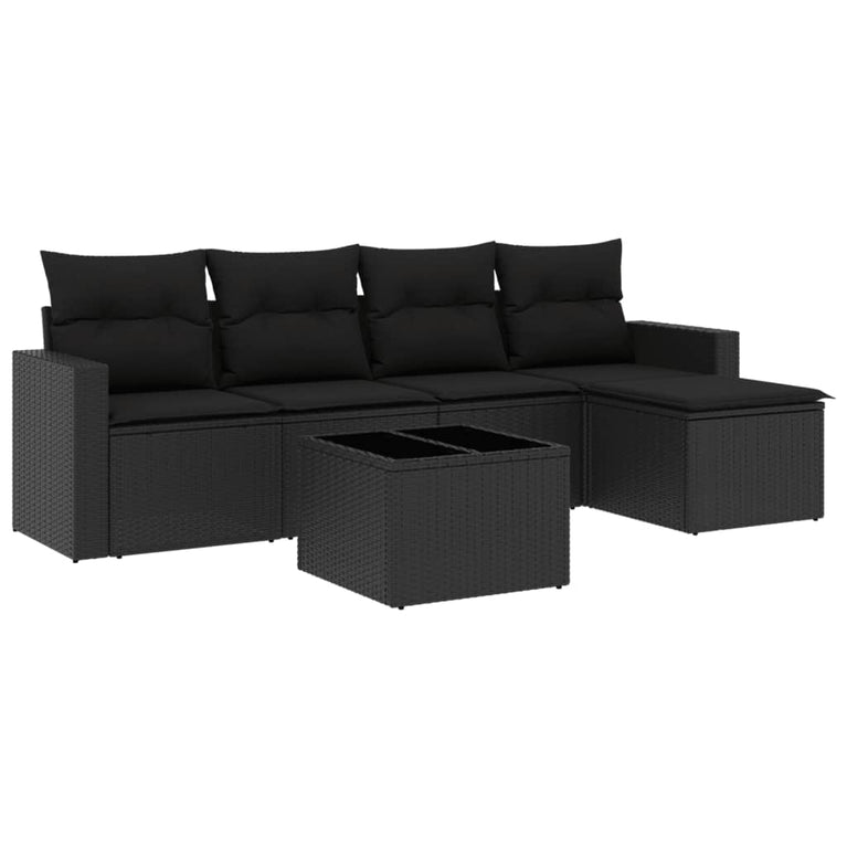 6-delige Loungeset met kussens poly rattan zwart