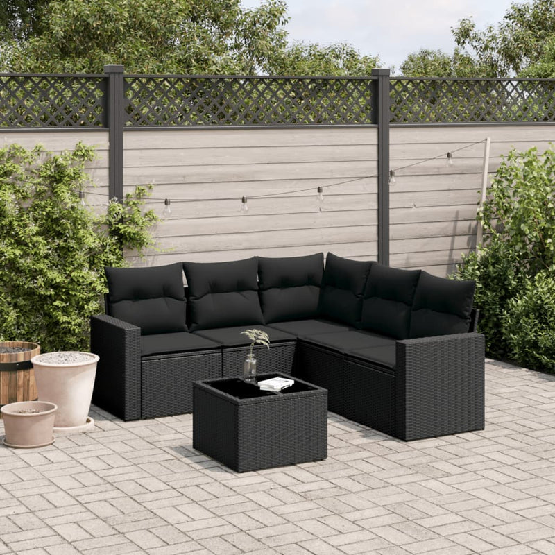 6-delige Loungeset met kussens poly rattan zwart