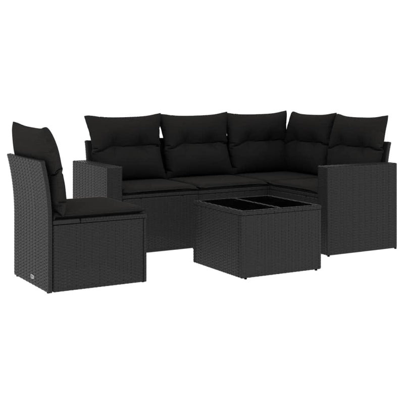6-delige Loungeset met kussens poly rattan zwart
