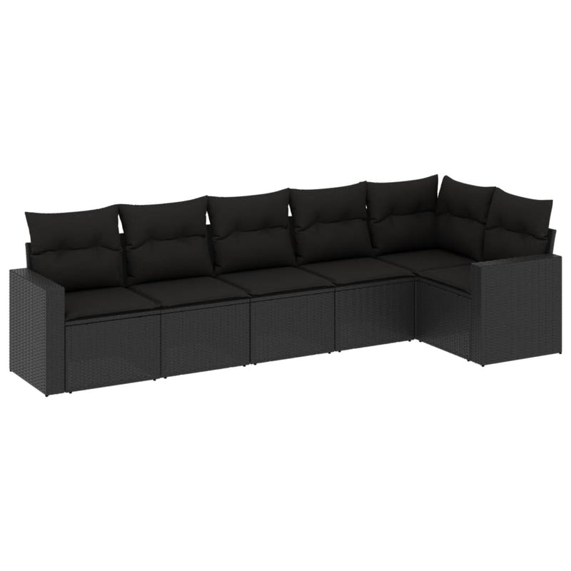6-delige Loungeset met kussens poly rattan zwart
