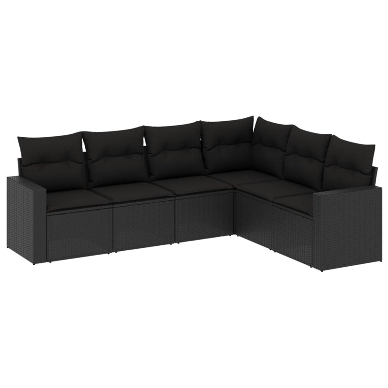 6-delige Loungeset met kussens poly rattan zwart