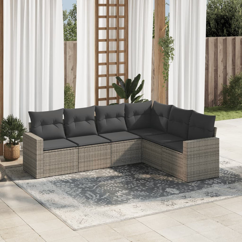 6-delige Loungeset met kussens poly rattan grijs