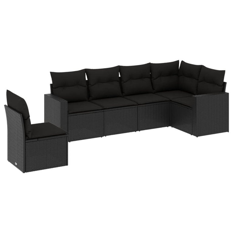 6-delige Loungeset met kussens poly rattan zwart