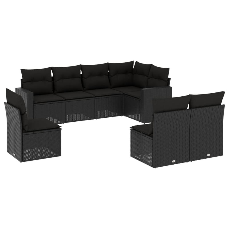 8-delige Loungeset met kussens poly rattan zwart