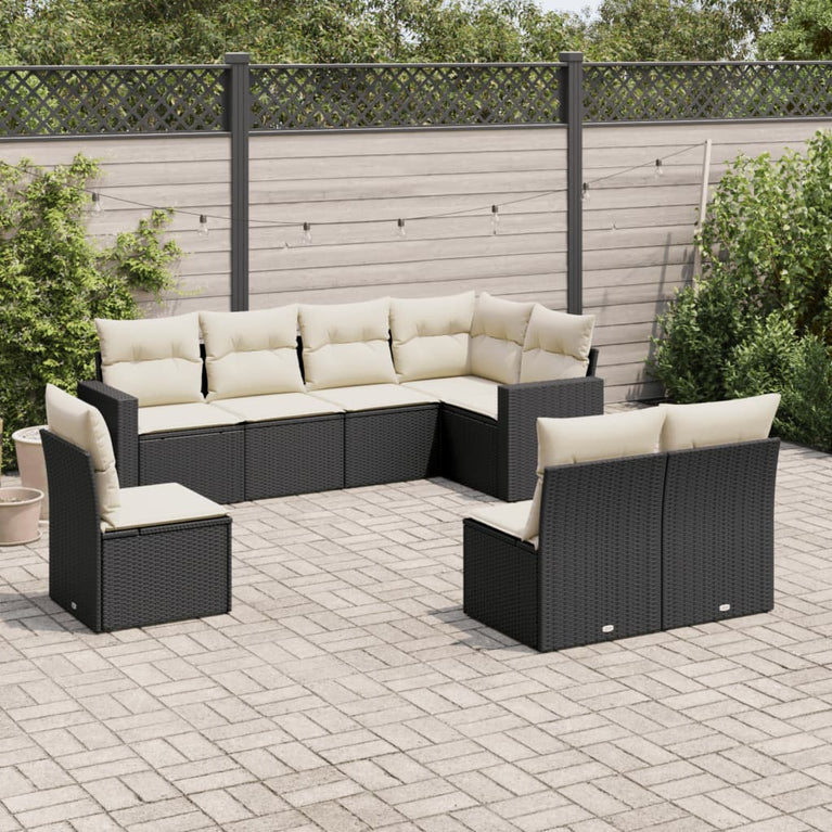 8-delige Loungeset met kussens poly rattan zwart