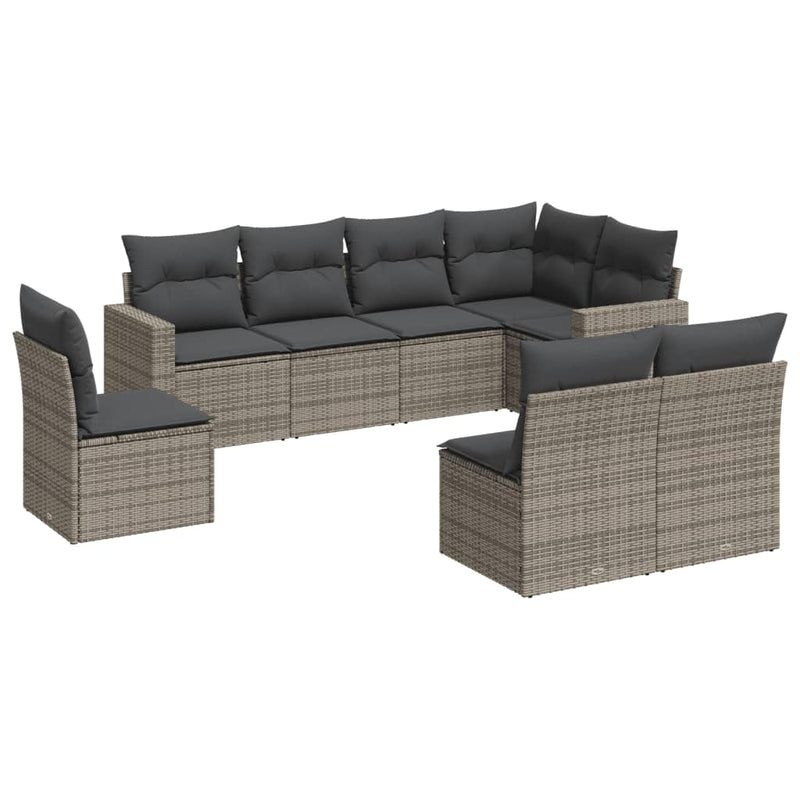 8-delige Loungeset met kussens poly rattan grijs
