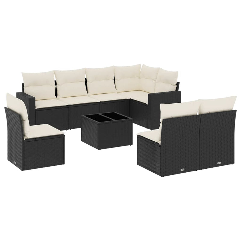 9-delige Loungeset met kussens poly rattan zwart