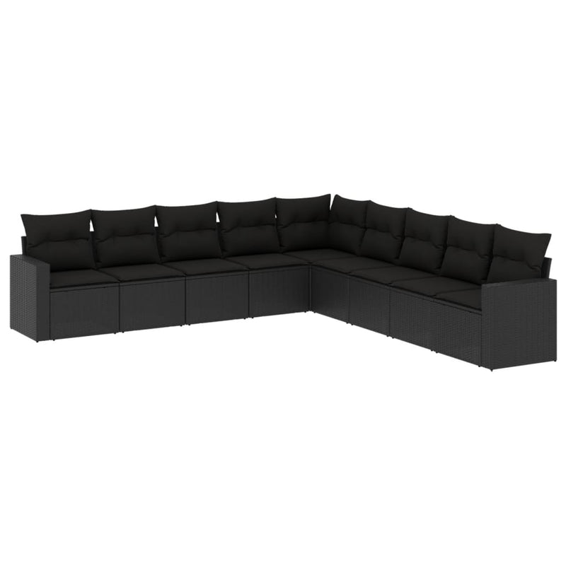 9-delige Loungeset met kussens poly rattan zwart