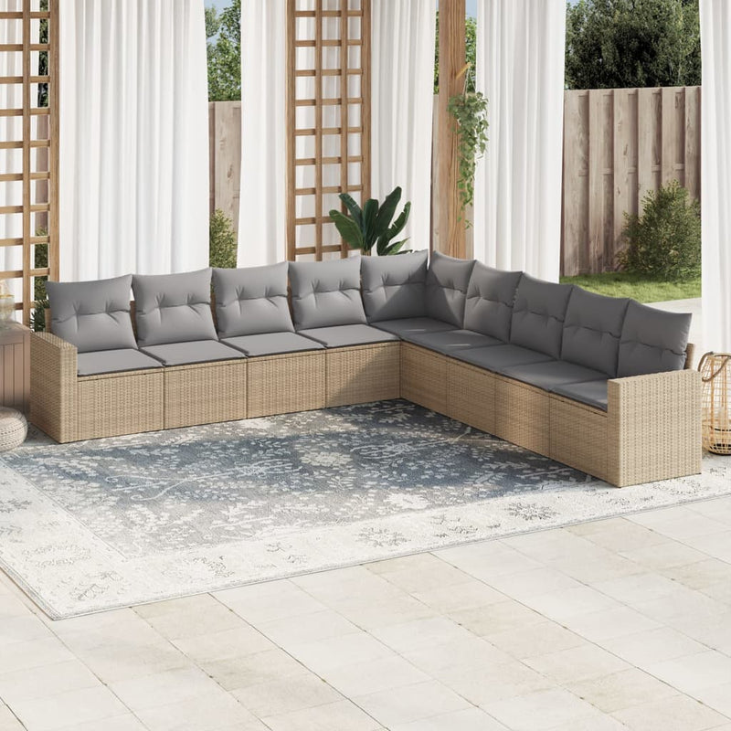 9-delige Loungeset met kussens poly rattan beige