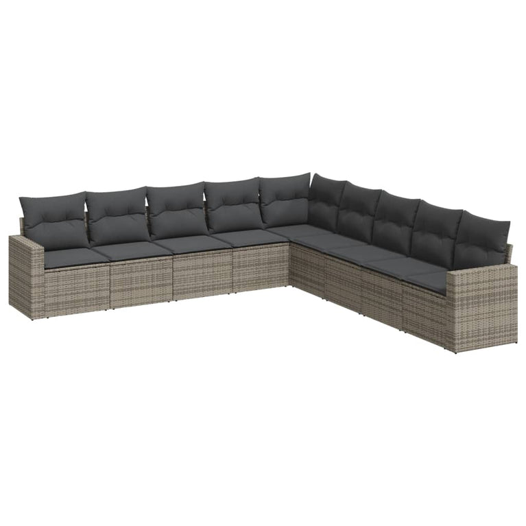 9-delige Loungeset met kussens poly rattan grijs