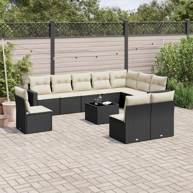 11-delige Loungeset met kussens poly rattan zwart