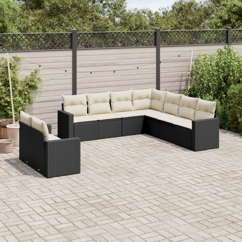 9-delige Loungeset met kussens poly rattan zwart