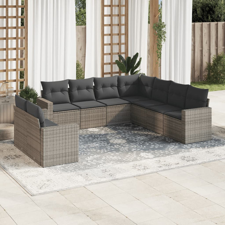 9-delige Loungeset met kussens poly rattan grijs