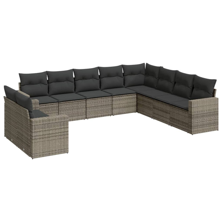10-delige Loungeset met kussens poly rattan grijs