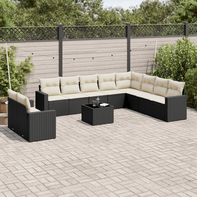 11-delige Loungeset met kussens poly rattan zwart