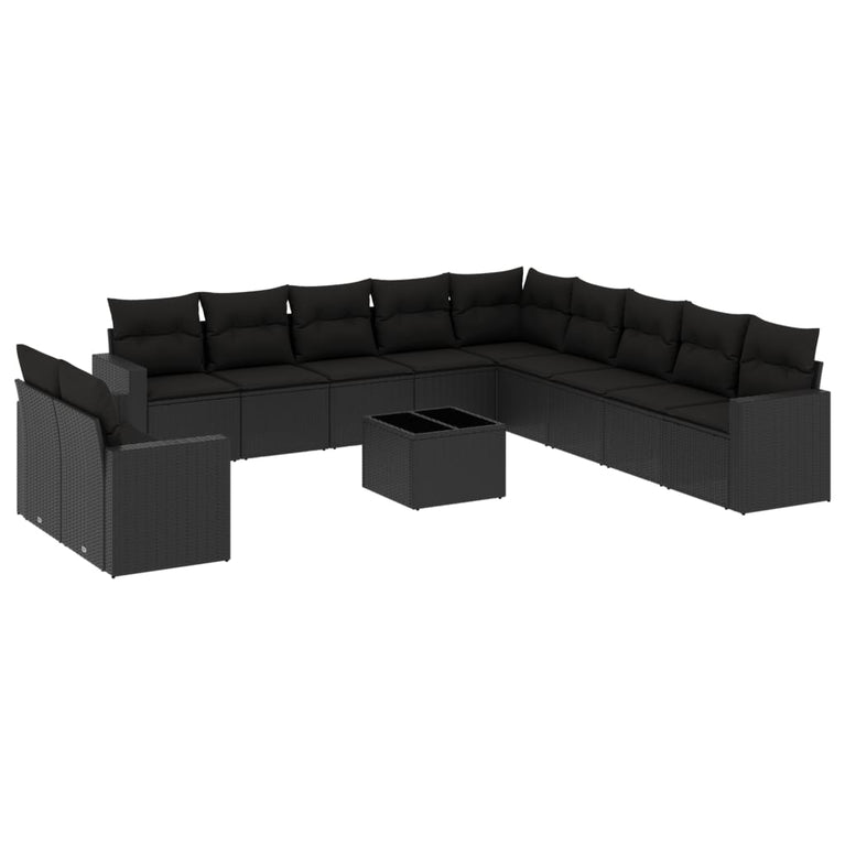 12-delige Loungeset met kussens poly rattan zwart