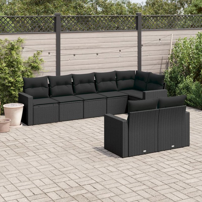 8-delige Loungeset met kussens poly rattan zwart