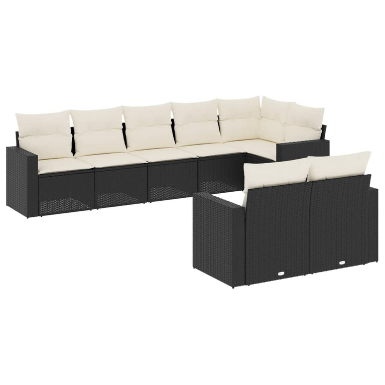 8-delige Loungeset met kussens poly rattan zwart