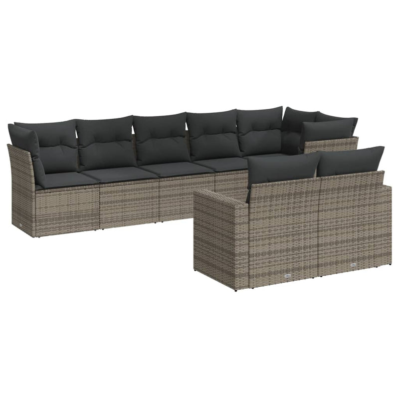 8-delige Loungeset met kussens poly rattan grijs