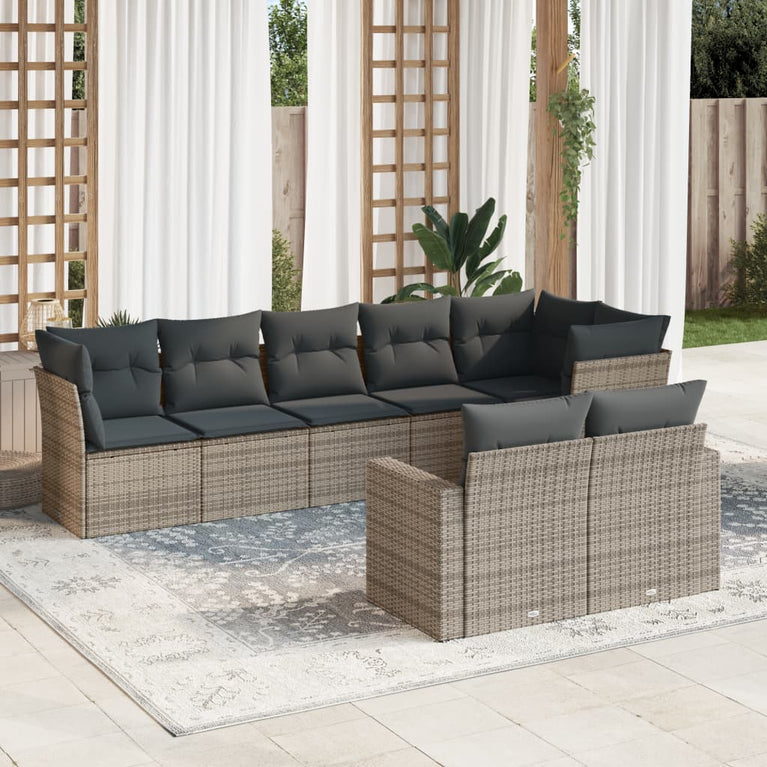 8-delige Loungeset met kussens poly rattan grijs