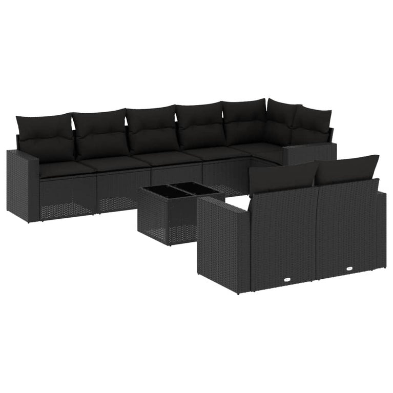 9-delige Loungeset met kussens poly rattan zwart