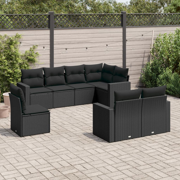 8-delige Loungeset met kussens poly rattan zwart