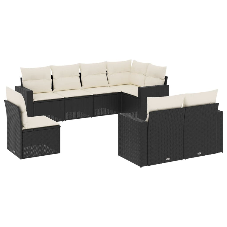 8-delige Loungeset met kussens poly rattan zwart