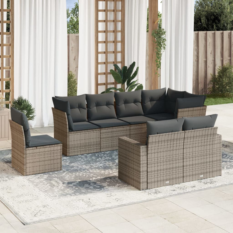 8-delige Loungeset met kussens poly rattan grijs