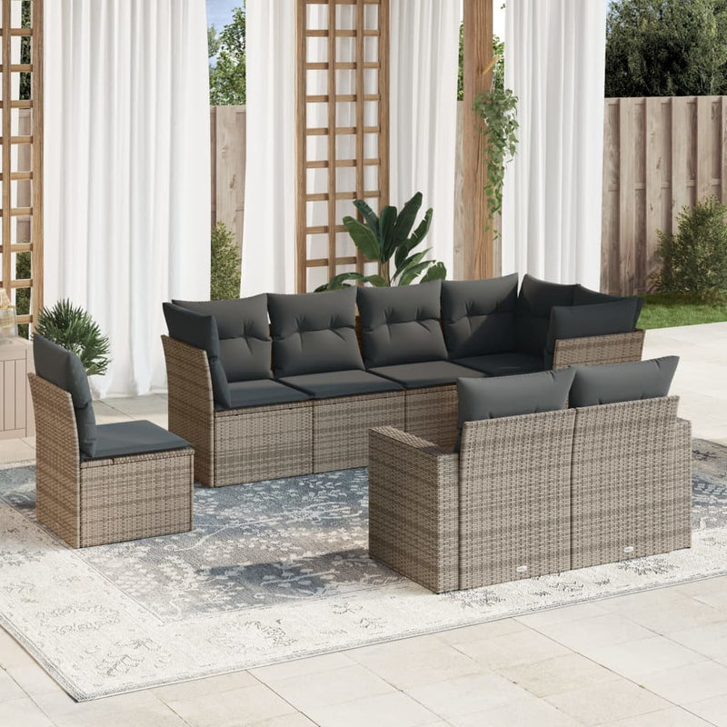 8-delige Loungeset met kussens poly rattan grijs