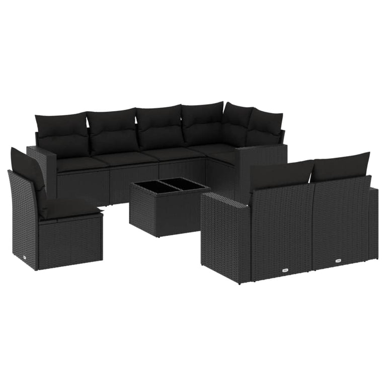 9-delige Loungeset met kussens poly rattan zwart
