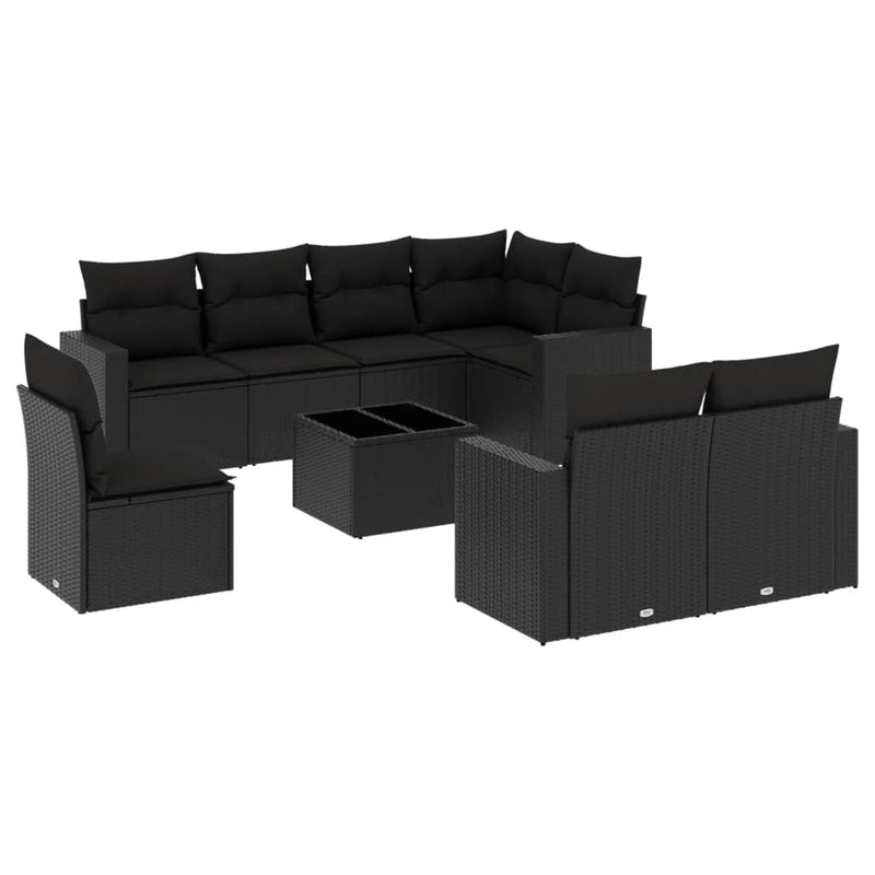 9-delige Loungeset met kussens poly rattan zwart
