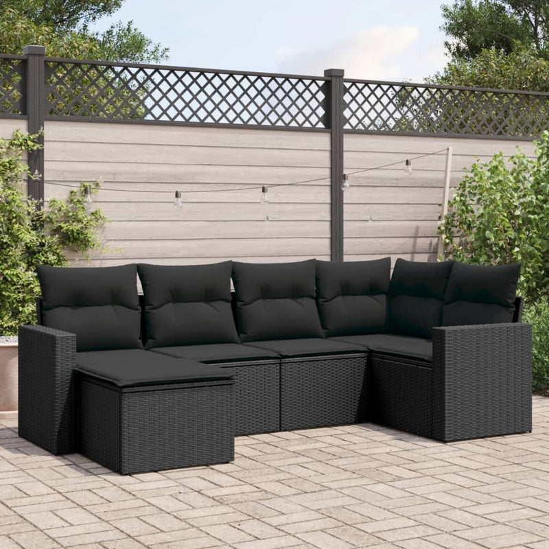 6-delige Loungeset met kussens poly rattan zwart