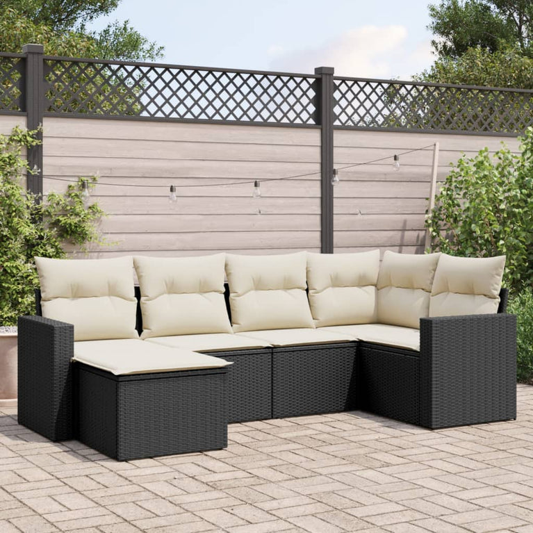 6-delige Loungeset met kussens poly rattan zwart