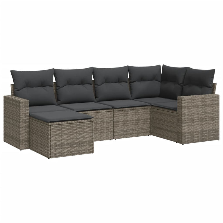 6-delige Loungeset met kussens poly rattan grijs