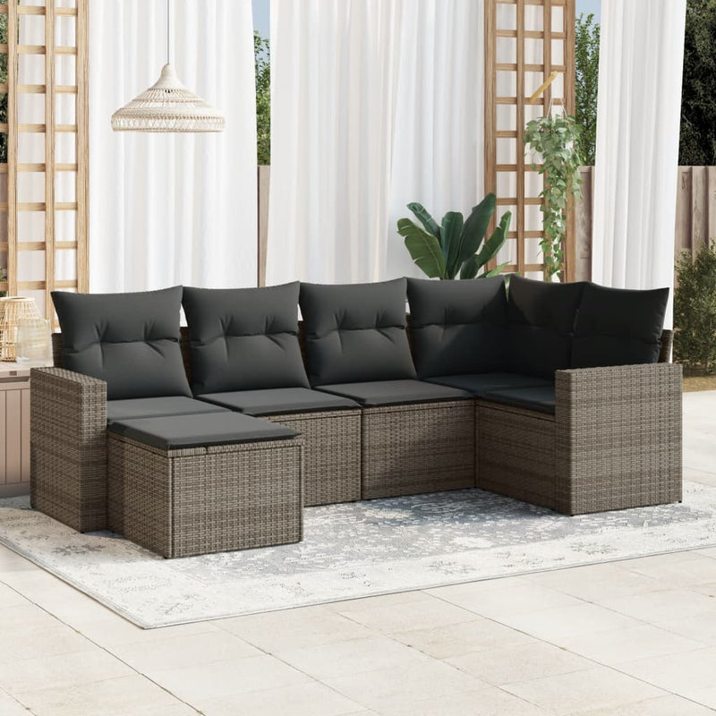 6-delige Loungeset met kussens poly rattan grijs