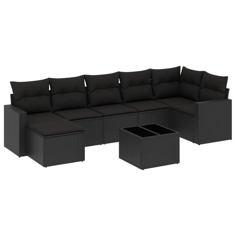8-delige Loungeset met kussens poly rattan zwart