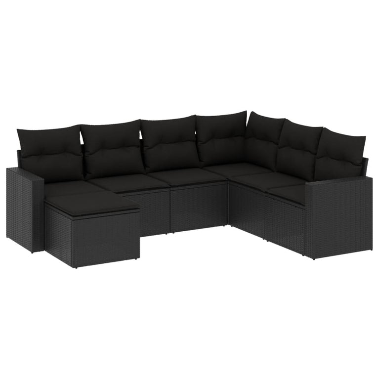7-delige Loungeset met kussens poly rattan zwart