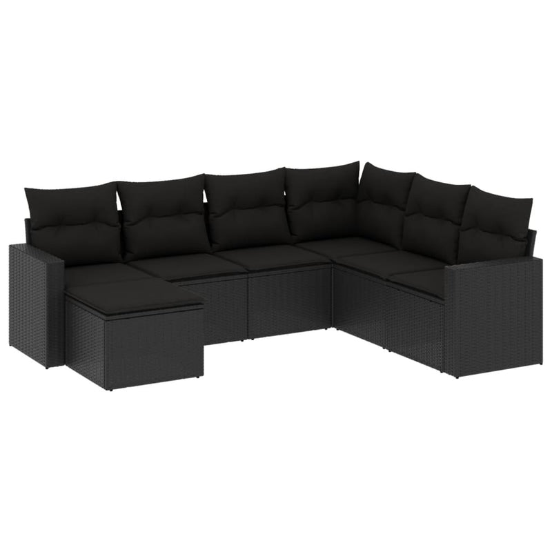 7-delige Loungeset met kussens poly rattan zwart