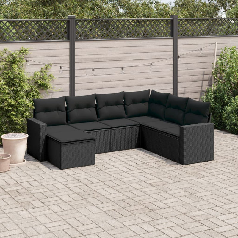 7-delige Loungeset met kussens poly rattan zwart