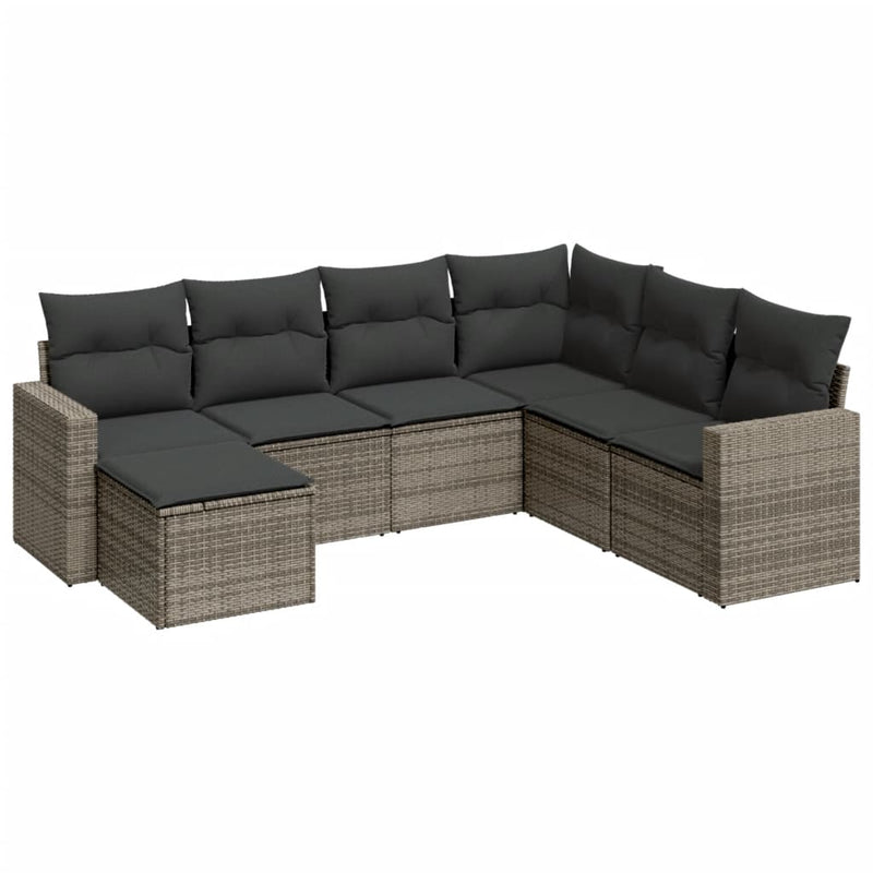 7-delige Loungeset met kussens poly rattan grijs
