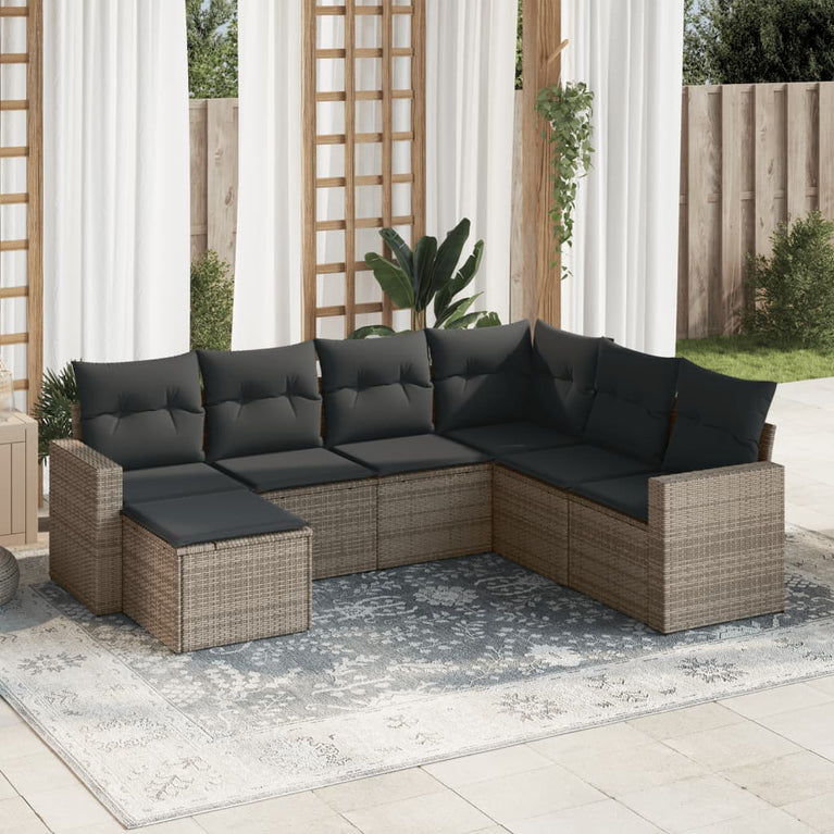 7-delige Loungeset met kussens poly rattan grijs