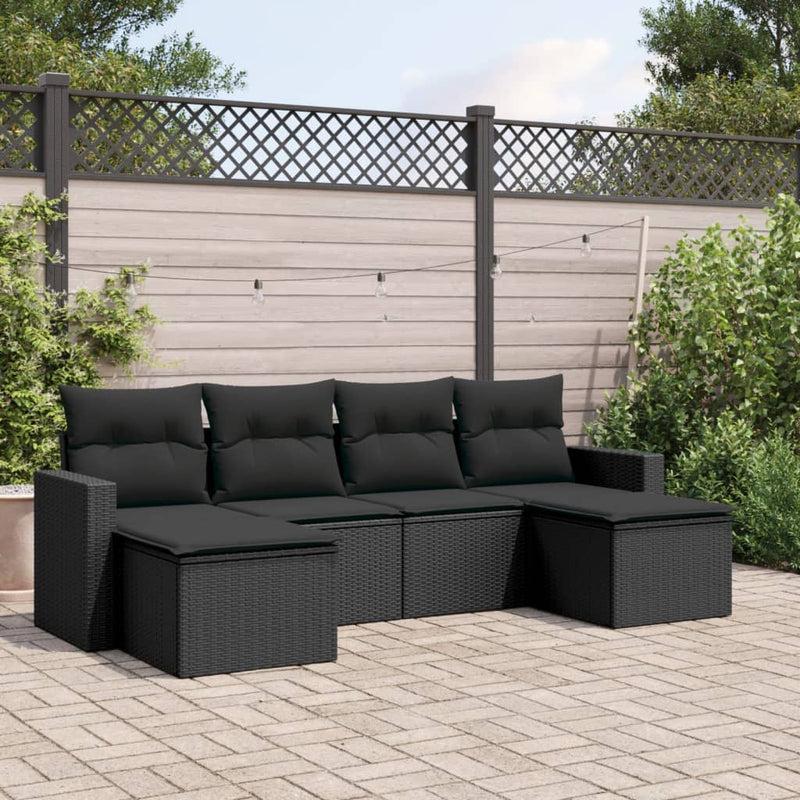 6-delige Loungeset met kussens poly rattan zwart