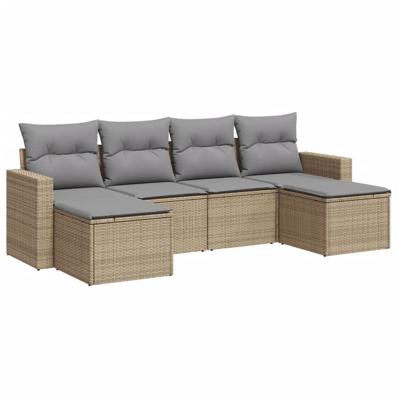6-delige Loungeset met kussens poly rattan beige