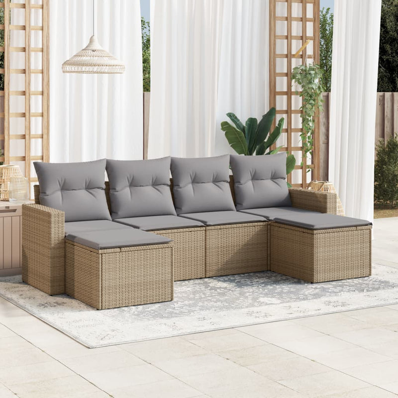 6-delige Loungeset met kussens poly rattan beige
