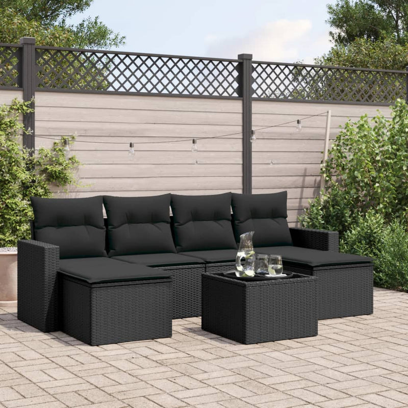 7-delige Loungeset met kussens poly rattan zwart