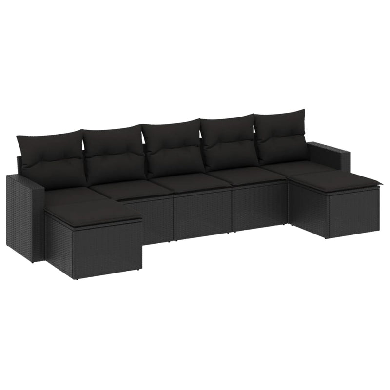 7-delige Loungeset met kussens poly rattan zwart