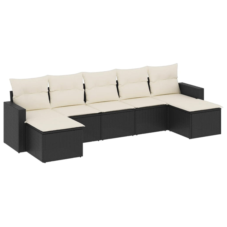 7-delige Loungeset met kussens poly rattan zwart
