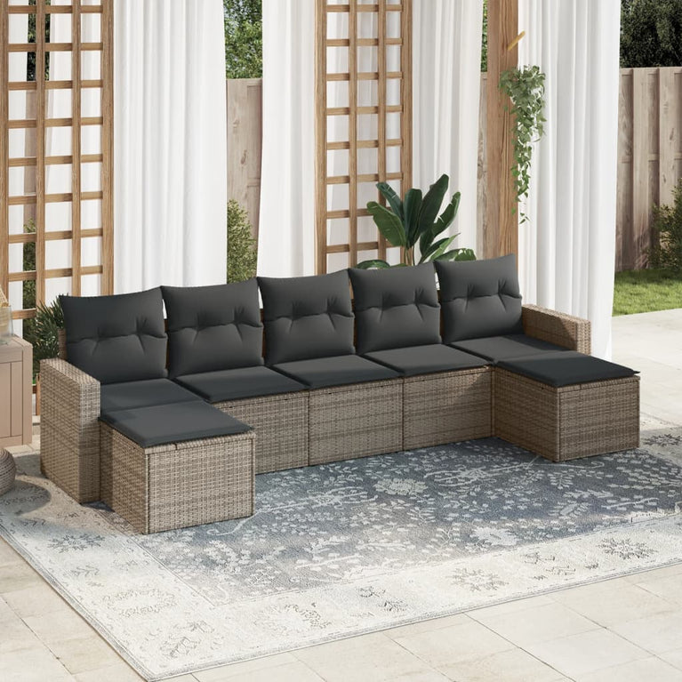 7-delige Loungeset met kussens poly rattan grijs